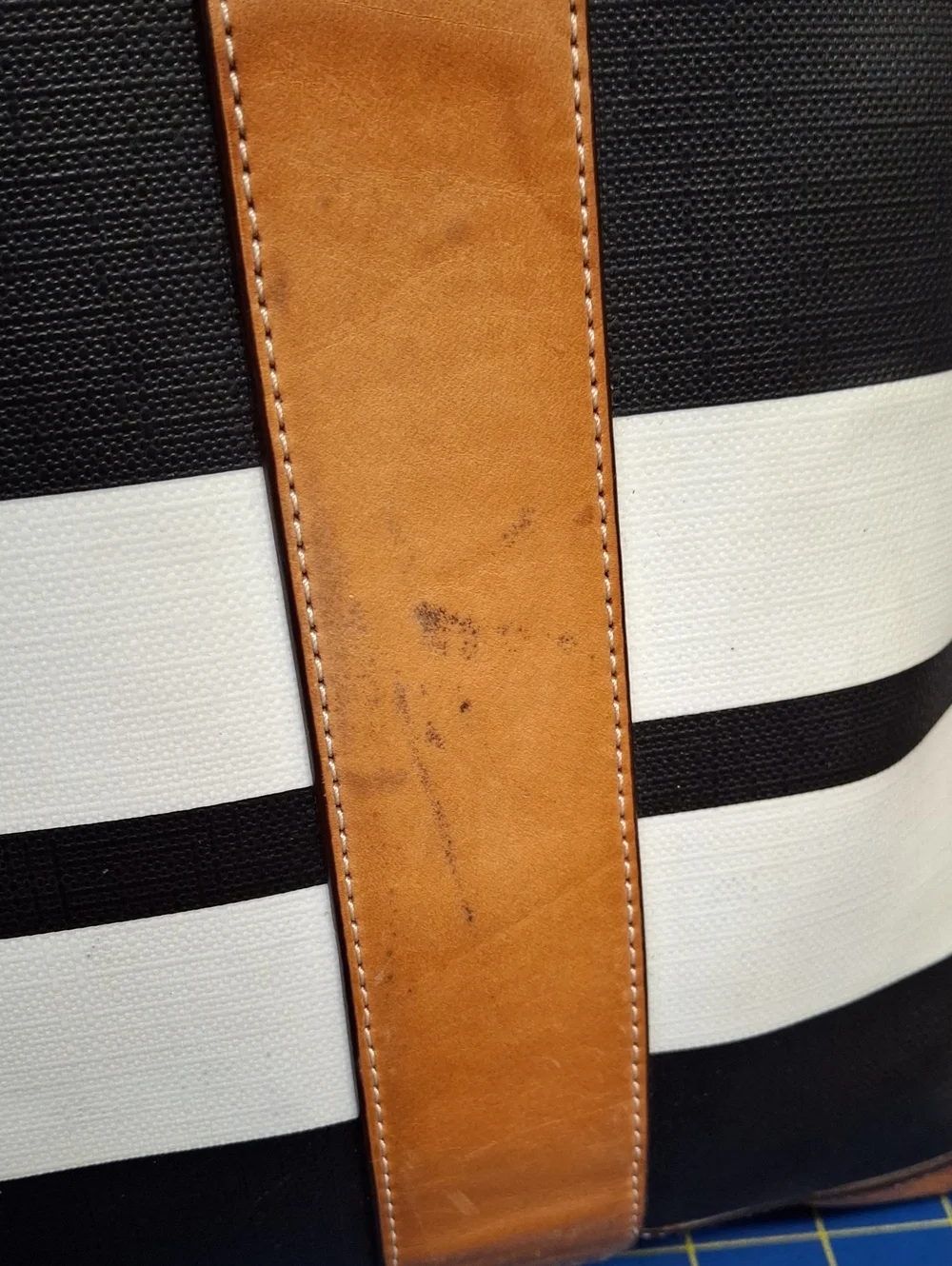 COACH Black & White Striped Tote with Tan Leather Trim Preloved